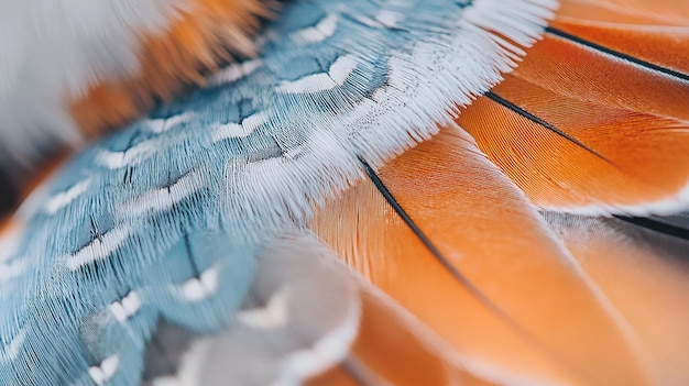 Photo close up of a peacock feather with a blue and orange background