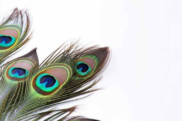 A close up of a peacock feather with a white background.