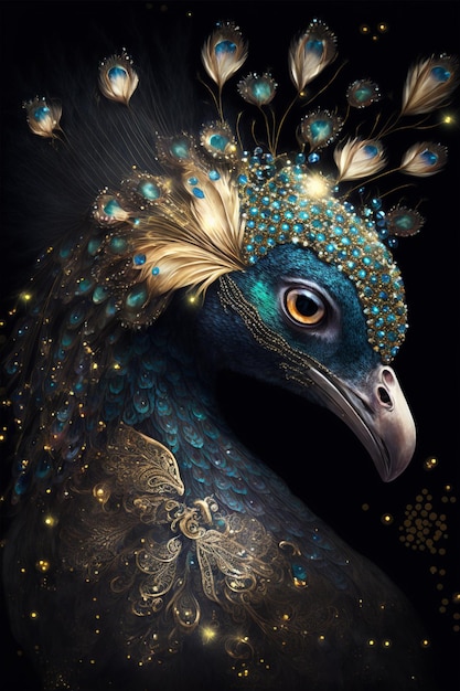 Close up of a peacock with feathers on its head generative ai