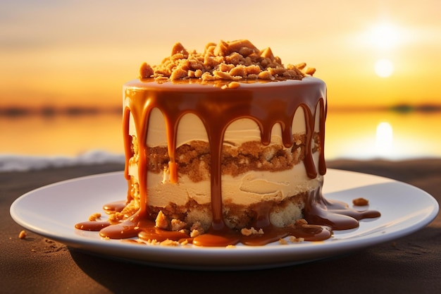 A close up of a peanut butter dessert with the sun shining behind it