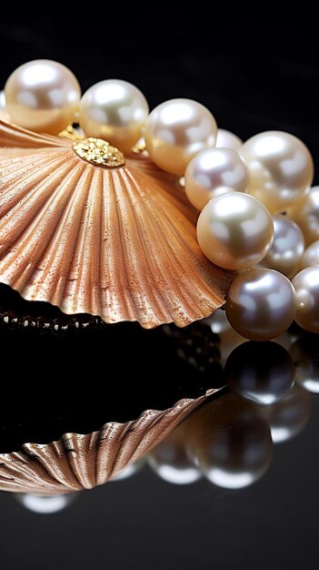 a close up of a pearl necklace on a se shell on a reflective background