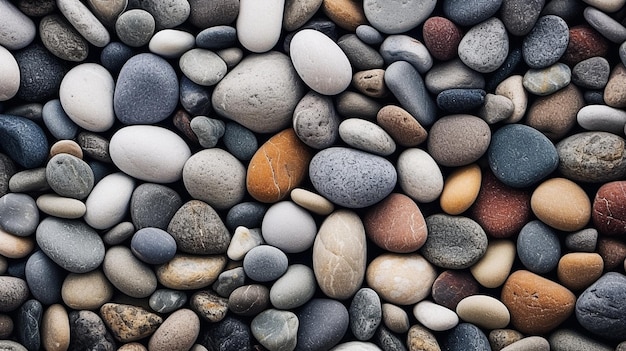 A close up of a pebble beach with many rocks