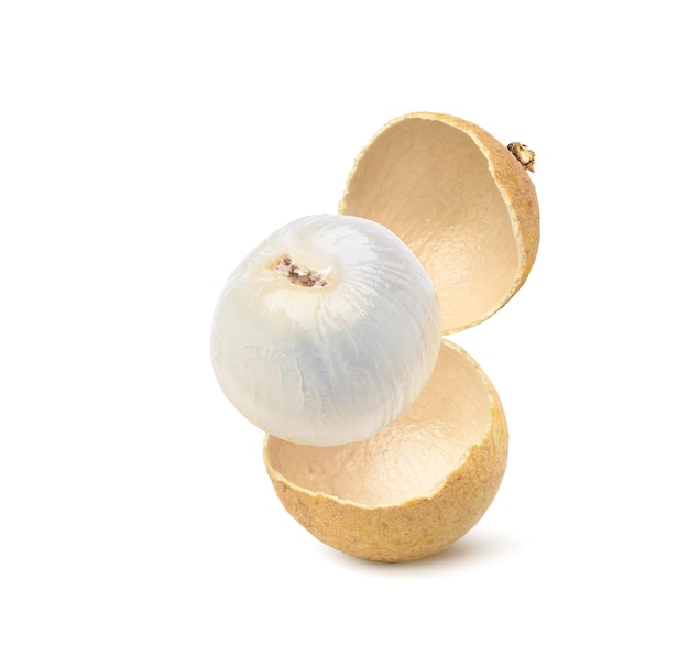 Close-up of peeled longan fruit isolated on white background.