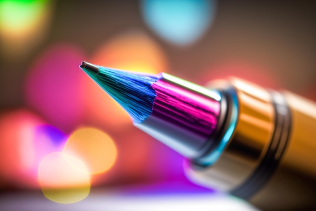 A close up of a pen with a colorful background