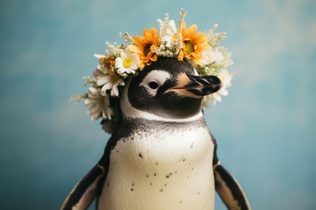 Close up of penguin with flower crown on her