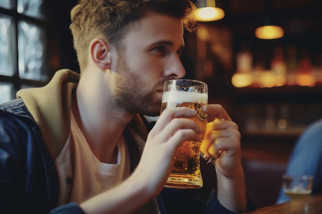 Photo close up of pensive mid adult man drinking beer in a pub close up of mid adult man drinking beer in