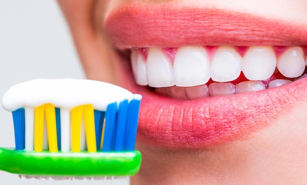 Close up of perfect and healthy teeth with toothbrush Portrait smiling cute woman holding toothbrush Smiling woman healthy beautiful teeth holding a toothbrush