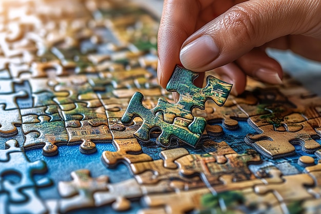 Photo a close up of a person assembling a jigsaw puzzle with intricate pieces and a partially completed