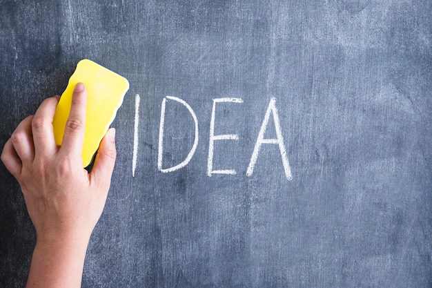 Close-up of a person cleaning the word idea written on chalkboard with yellow duster