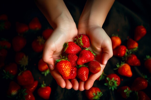 Close up of person holding bunch of strawberries in their hands Generative AI