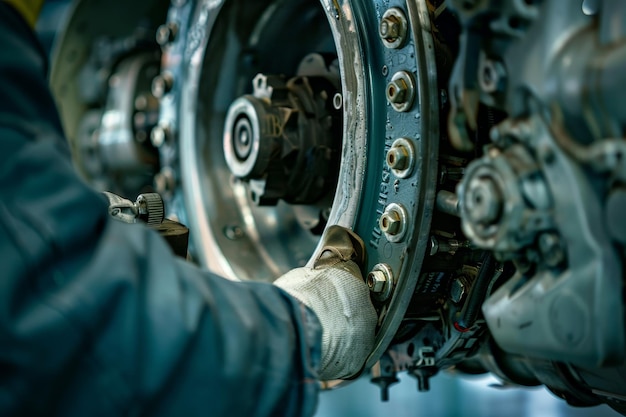 Close up of a person meticulously working on a machine tightening bolts on an air coffeemaker A closeup of a mechanic tightening bolts on an airplane wheel landing gear