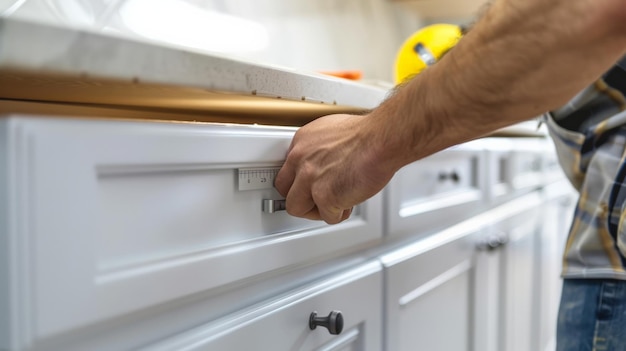 Photo close up of a person opening a kitchen drawer with white cabinets exemplifying home renovation or furniture use