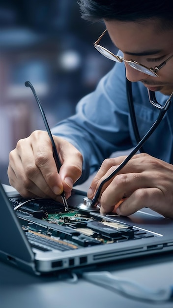 Close up person repairing a laptop