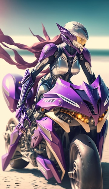 Close up of person riding motorcycle with purple dress generative ai