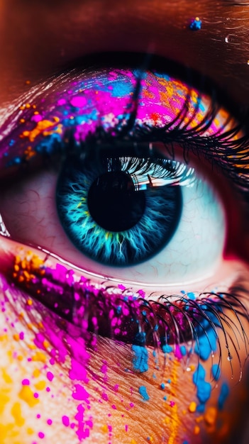 Close up of person's eye with colorful paint all over it Generative AI