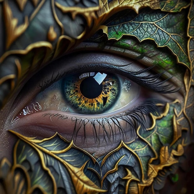 A close up of a person's eye with leaves on it