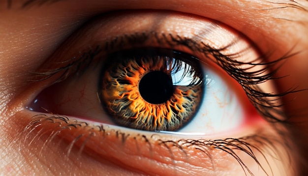 A close up of a person's eye with orange and black irises