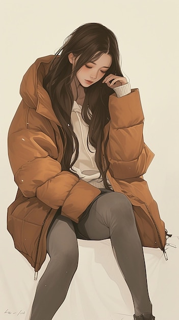 A close up of a person sitting on a bench wearing a coat