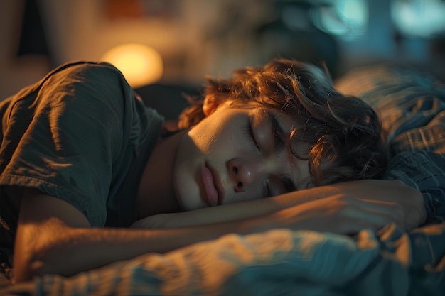 A close up of a person sleeping on a bed