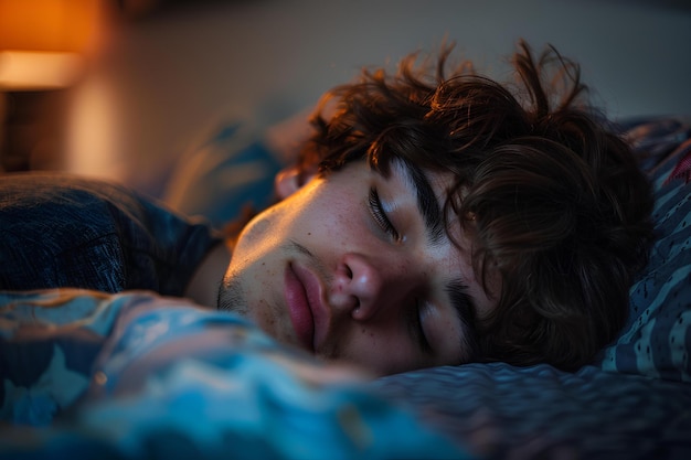 A close up of a person sleeping on a bed