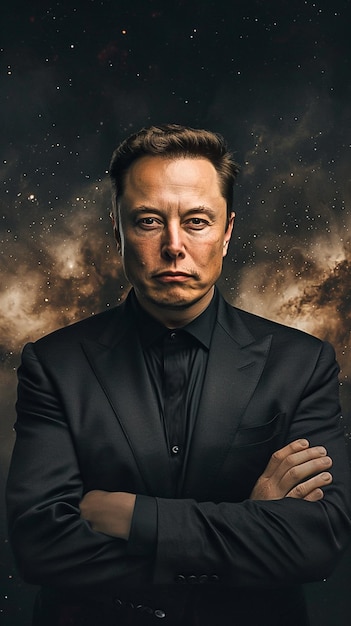 A close up of a person in a suit with a space background