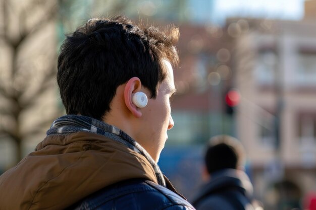 Photo a close up person using wireless earbuds for virtual assistant commands copy space