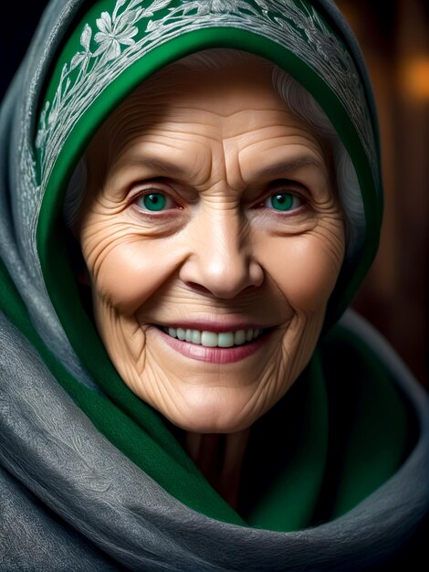 Close up of person wearing headscarf and green scarf