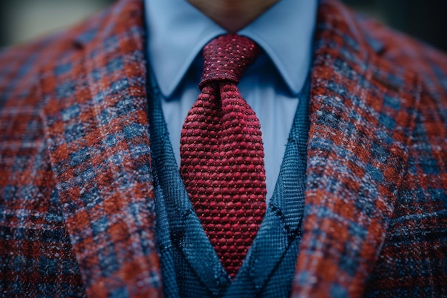 a close up of a person wearing a suit with a red tie and a blue shirt with a red checkered blazer an