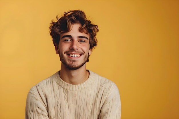 A close up of a person wearing a sweater