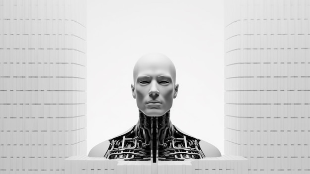 a close up of a person in a white room with a robot head generative ai