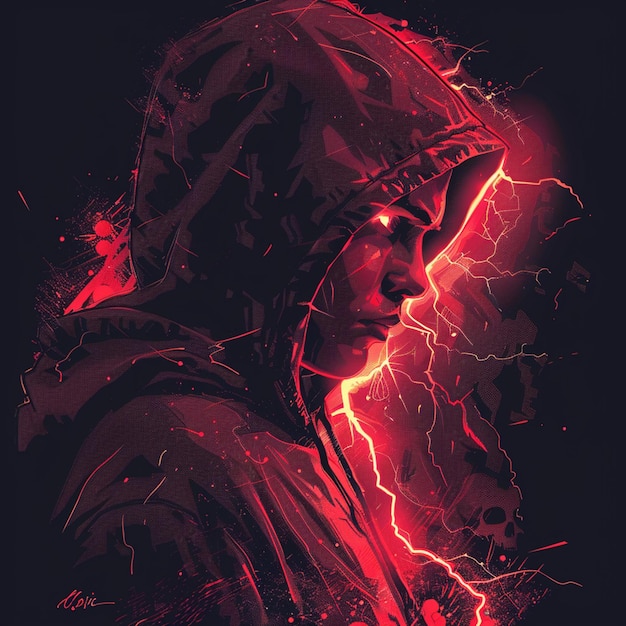 a close up of a person with a hoodie on and lightning coming out of his face generative ai