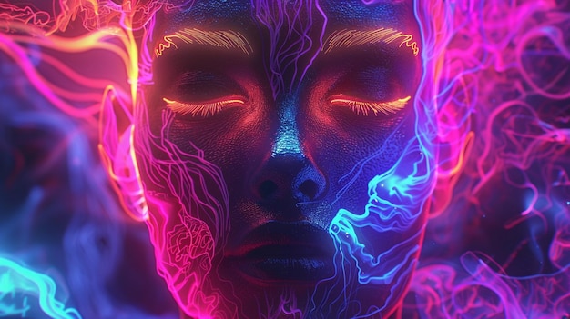 a close up of a person with neon makeup and a glowing face generative ai