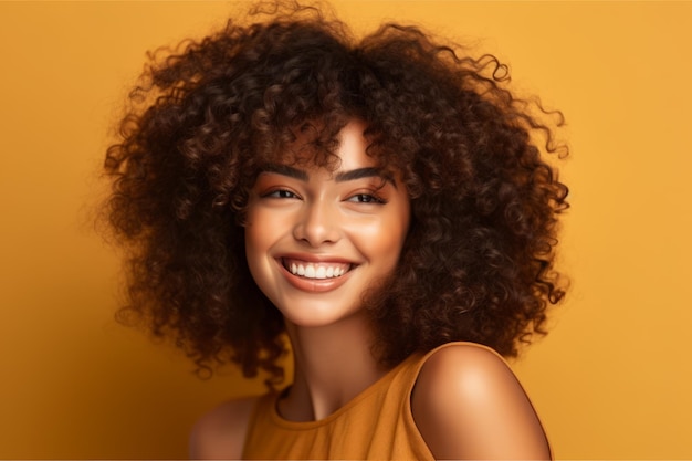 Close up of person with smile on their face and curly hair Generative AI