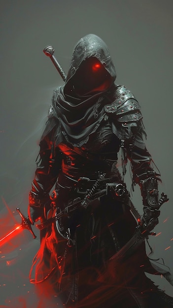 a close up of a person with a sword and a red light generative ai