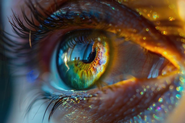 A close up of a person39s eye with a green iris