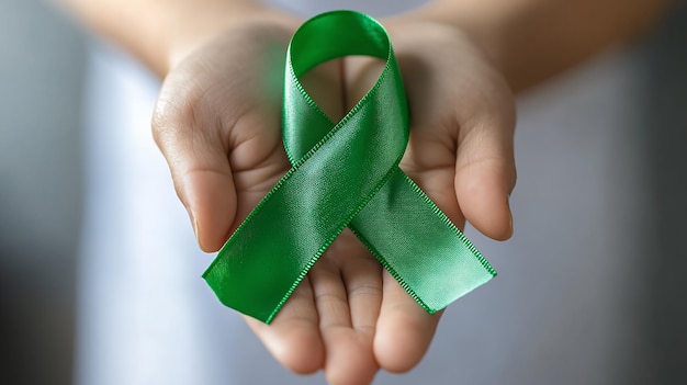 Close up of a person39s hand holding a green ribbon