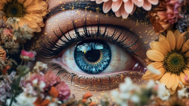 A close up of a persons eye surrounded by flowers generative ai image