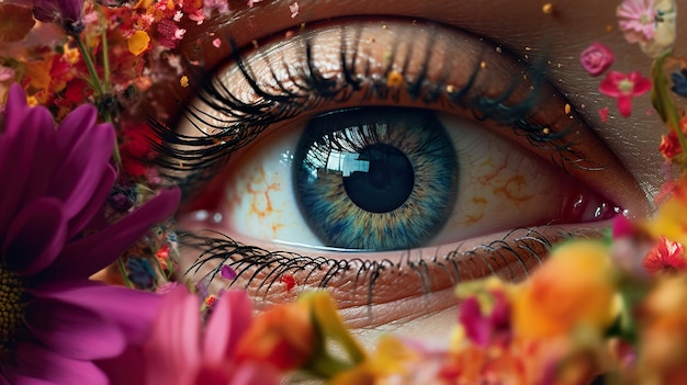 A close up of a persons eye with flowers around it generative ai image