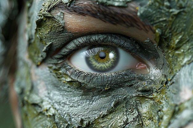 a close up of a persons eye with a green eye and a brown eye