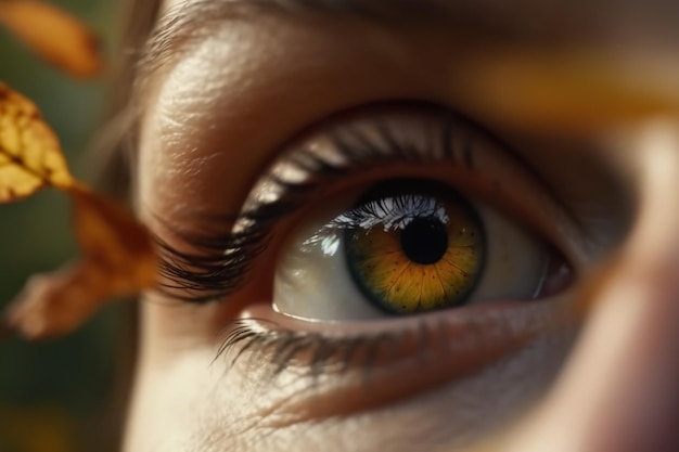 A close up of a persons eye with a leaf in front of it generative ai image