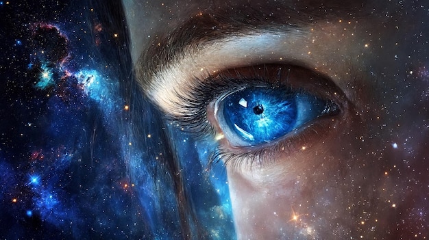 a close up of a persons eye with a nebula in the background