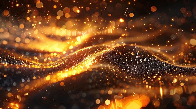 a close up of a persons hands in front of a fireGolden particle background abstract graphic poster