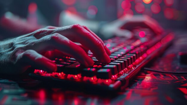 Photo close up of a persons hands typing on a keyboard focused and working