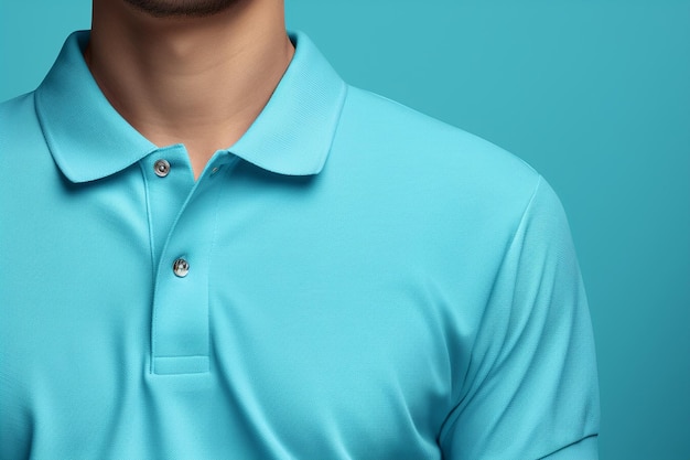 Close up of a persons neckline wearing a sky blue polo shirt