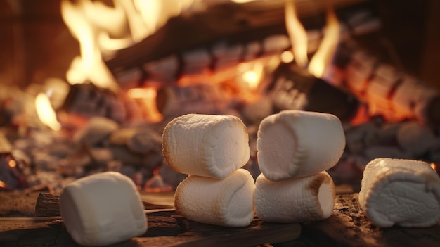 Photo close up perspective of marshmallows being delicately roasted over a crackling wood fire