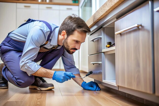 a close up of a pest control technician inspecting