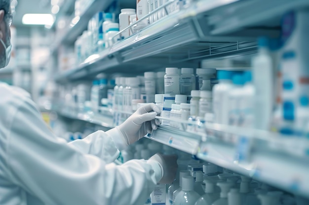 Close up of Pharmacy Shelves with Robot Hands Reaching for High End Packaged Products in a