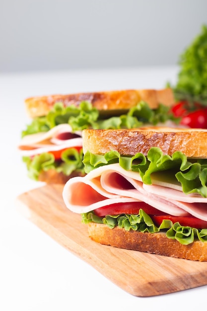 Close-up photo of an American club sandwich. Fast food concept.