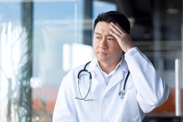 Close-up photo of an Asian doctor tired of work, has a severe headache in the clinic