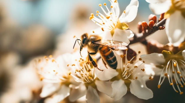 Close up photo of a bee collects honey on a flowers